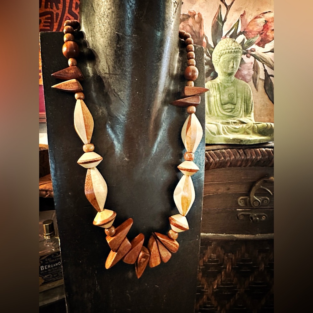 Mid Century Wooden Bead Necklace, Vintage